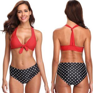 Retro High Waist RED Bikini With Black/White Polka Dot Bottoms SZ S-XL NWT